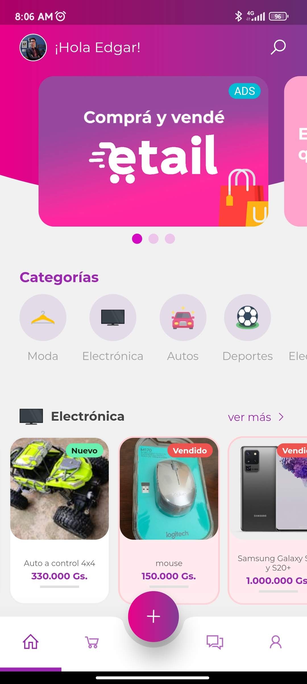 Pantalla de inicio de Etail con categorías y productos destacados