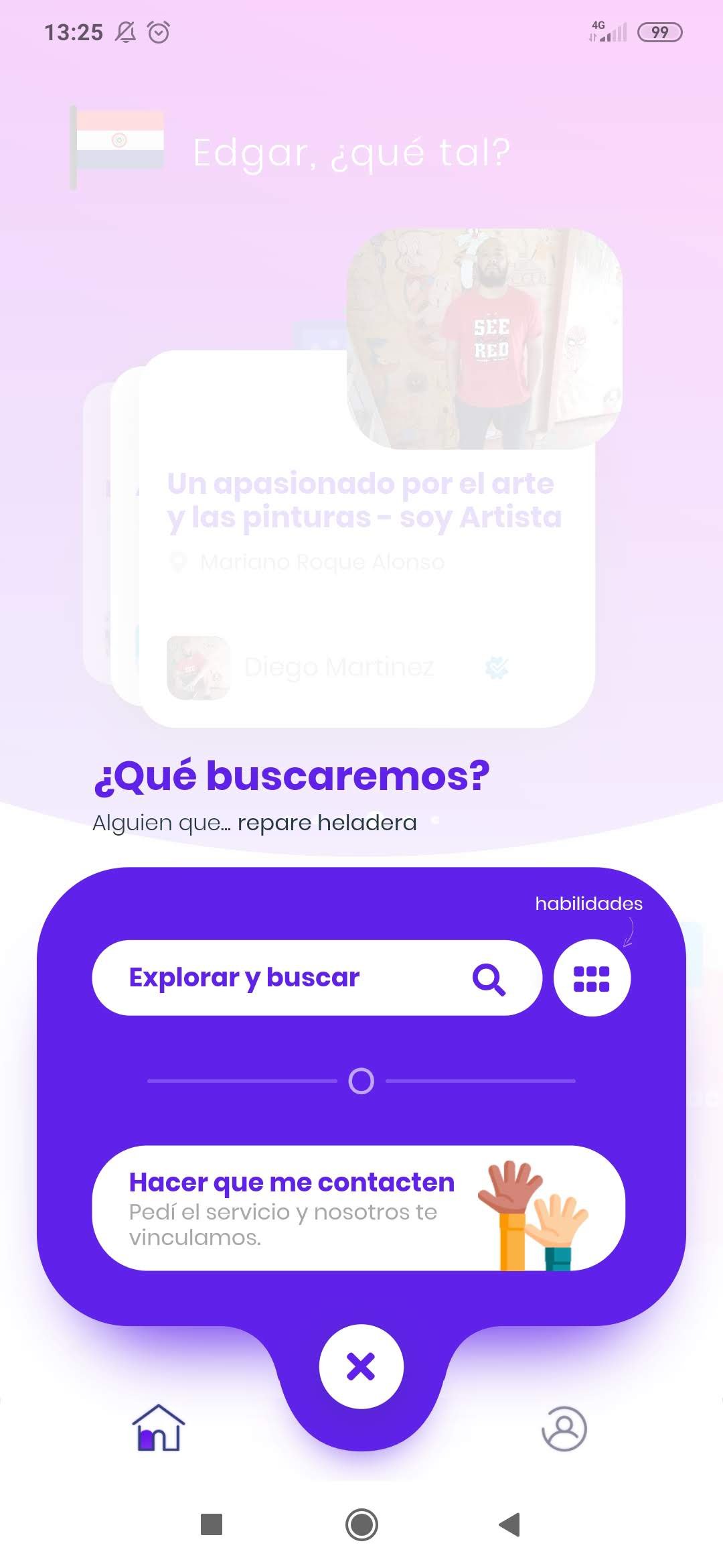 Opciones de App Mbarete para explorar servicios o solicitar que un profesional se contacte
