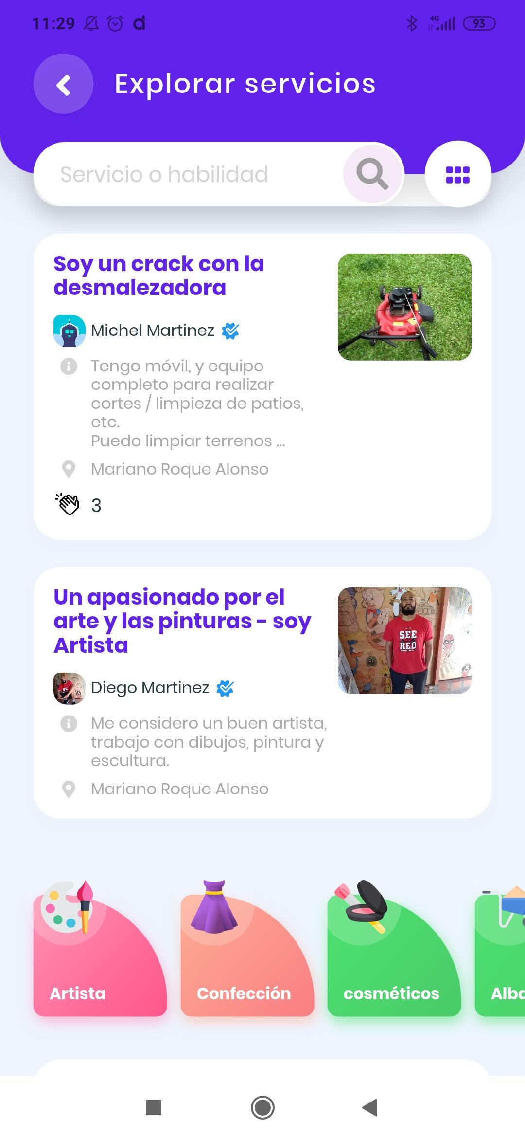 Listado de profesionales y servicios disponibles en App Mbarete