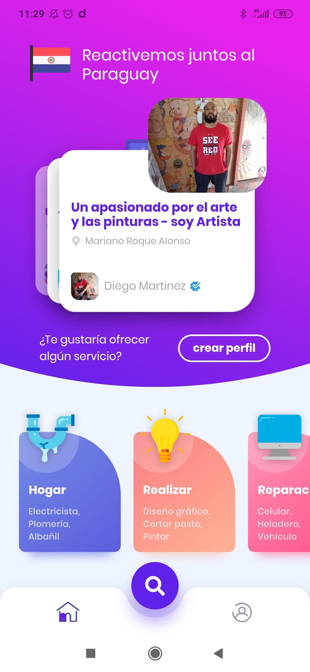 Pantalla de inicio de App Mbarete con servicios destacados y categorías