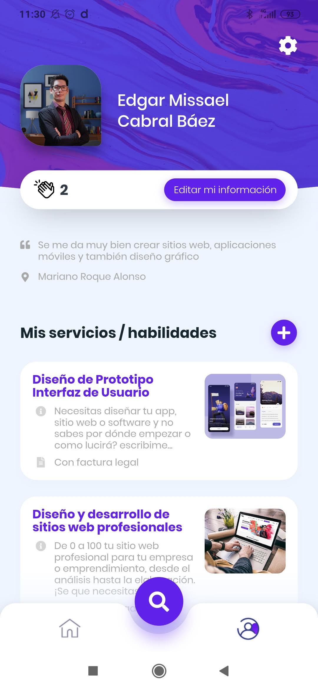 Perfil de un profesional en App Mbarete con su información y servicios