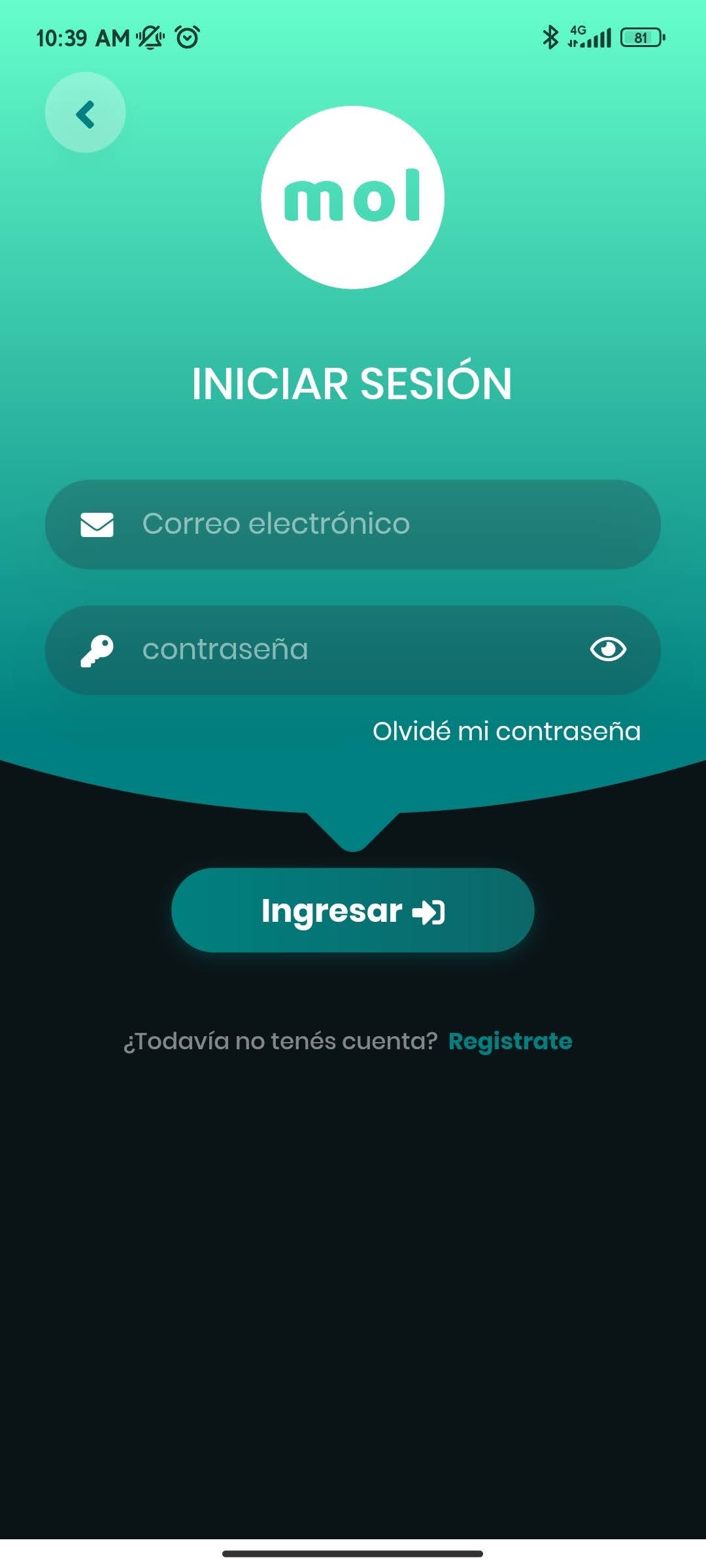 Pantalla de inicio de sesión de App MOL