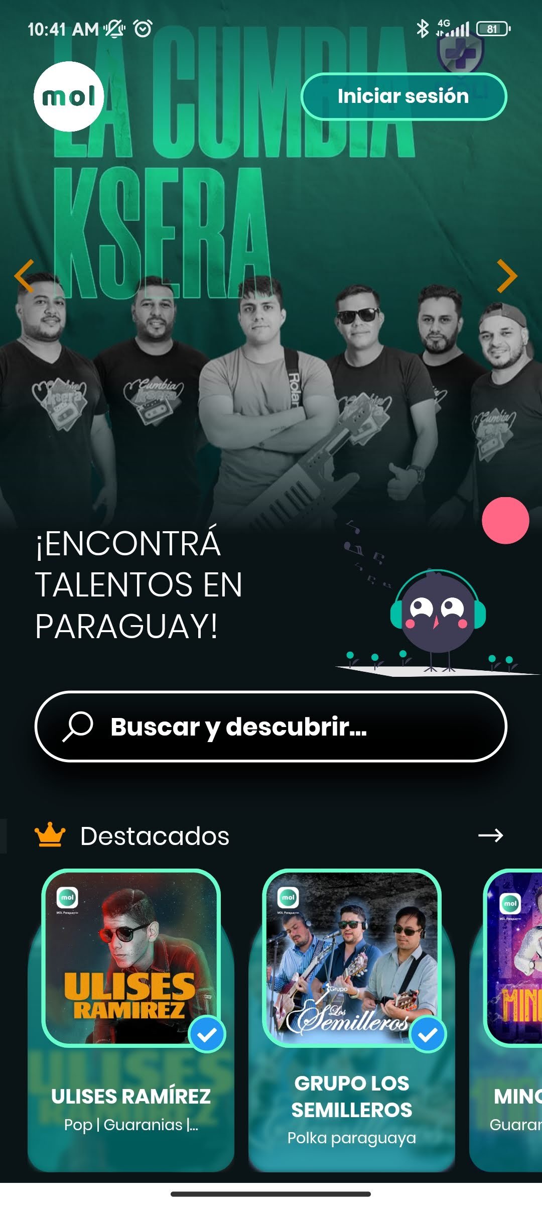 Pantalla de inicio de App MOL con búsqueda de talentos y artistas destacados