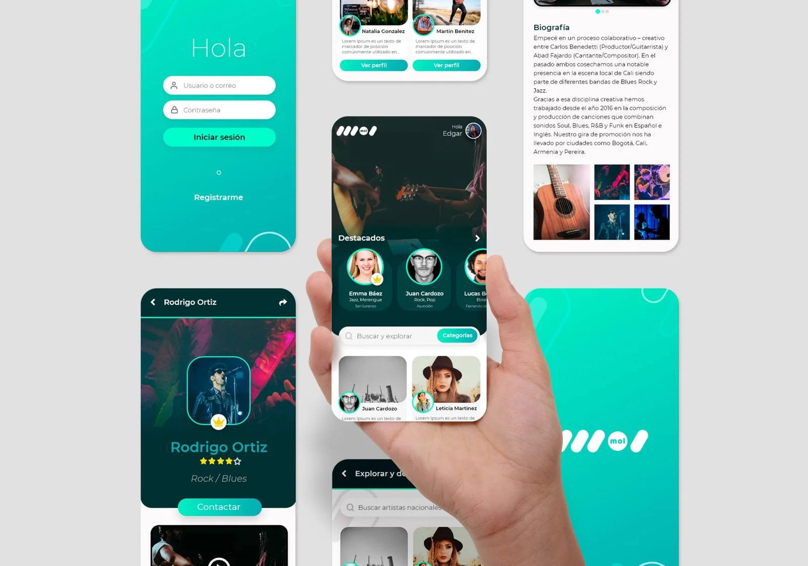 Diseño de las pantallas de App MOL: inicio de sesión, exploración y perfiles de artistas