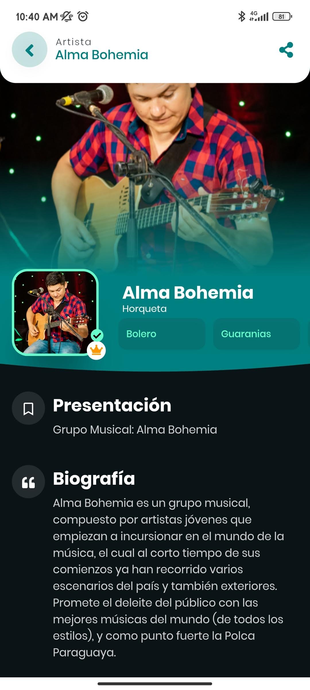 Perfil de Alma Bohemia en App MOL con presentación, géneros musicales y biografía