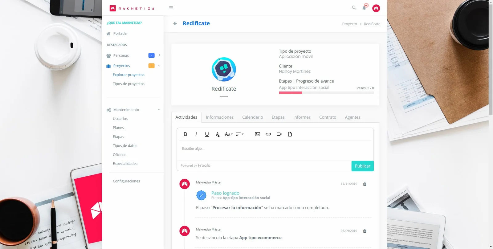 Detalle de un proyecto en Maknetiza con su avance y registro de actividades