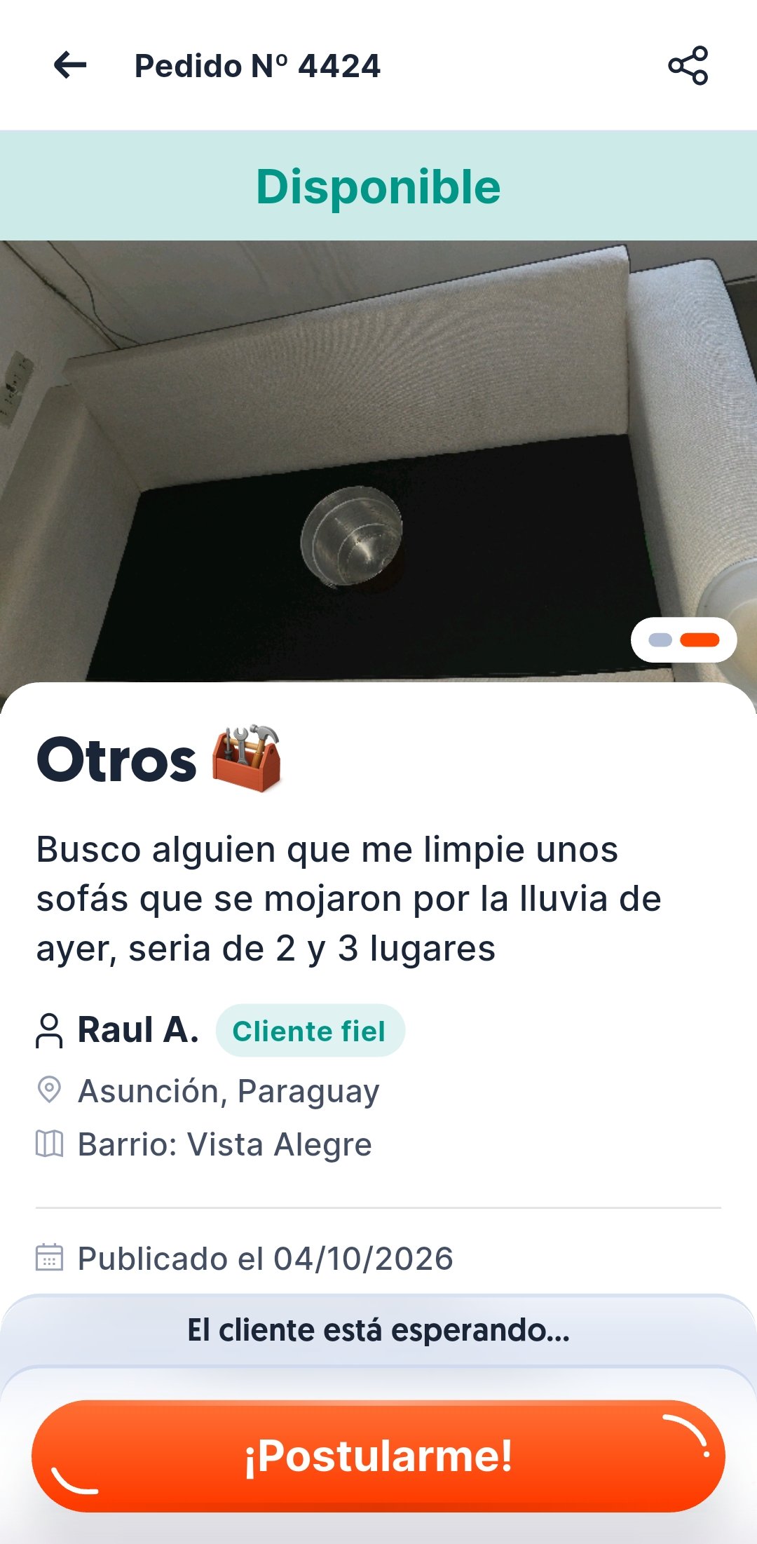 Detalle de un pedido disponible en Pimer y botón para postularse
