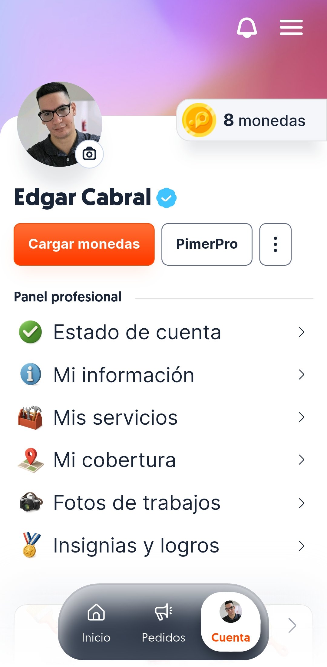 Panel profesional de Pimer con servicios, cobertura, fotos e insignias