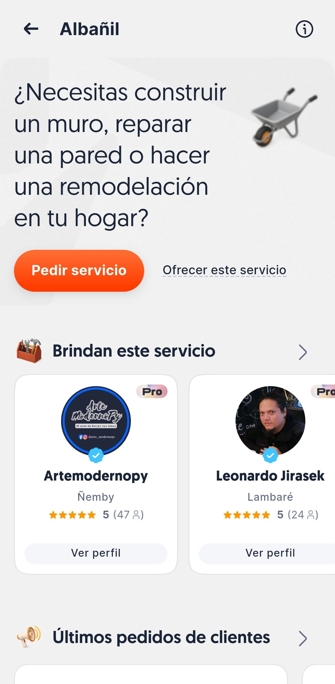 Servicio de albañilería con perfiles y valoraciones de prestadores