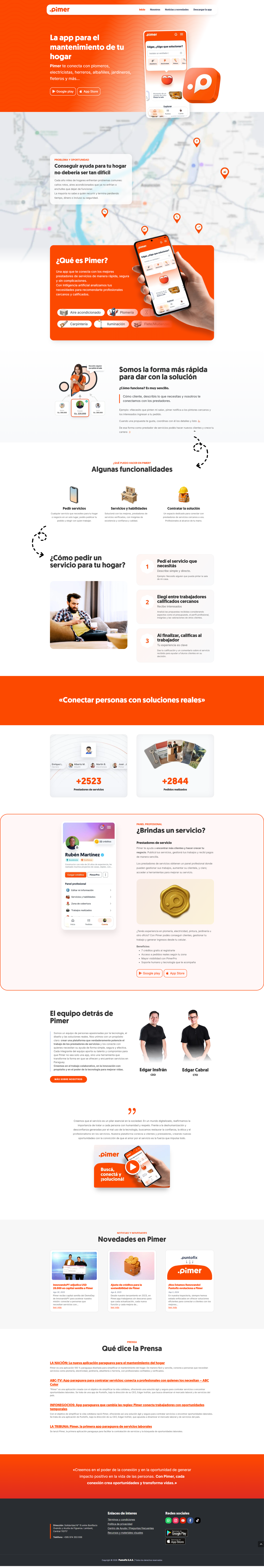 Captura completa del sitio web de Pimer con servicios, funcionalidades, equipo y novedades