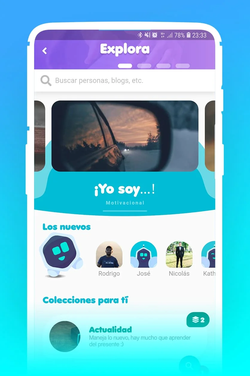 Pantalla Explora de Redifícate con contenidos destacados, personas y colecciones