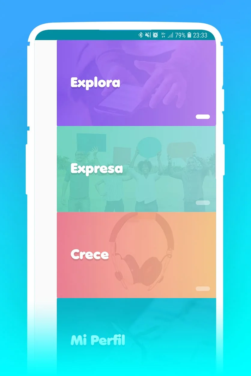 Menú principal de Redifícate con las secciones Explora, Expresa, Crece y Mi Perfil