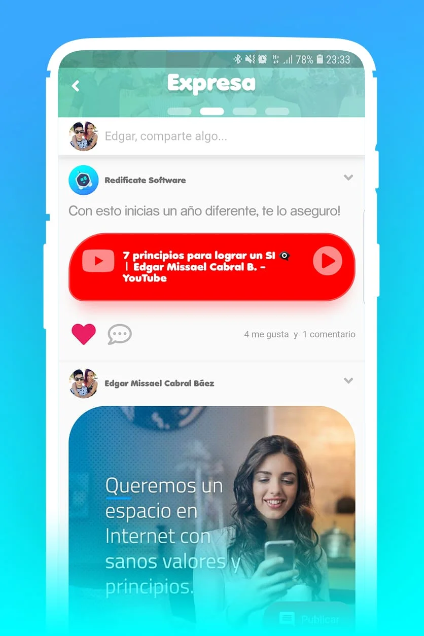Pantalla Expresa de Redifícate con publicaciones, videos, reacciones y comentarios